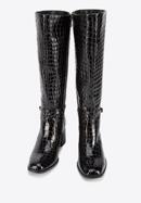 Krokodilbőr textúrájú női lakkbőr magassarkú csizma, fekete, 95-D-508-1-38, Fénykép 2