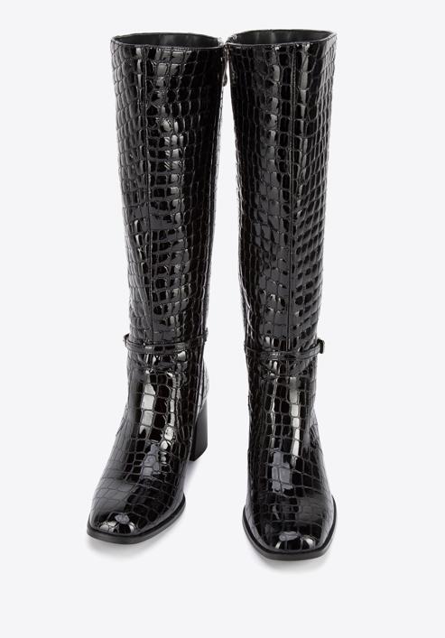 Krokodilbőr textúrájú női lakkbőr magassarkú csizma, fekete, 95-D-508-1-39, Fénykép 2