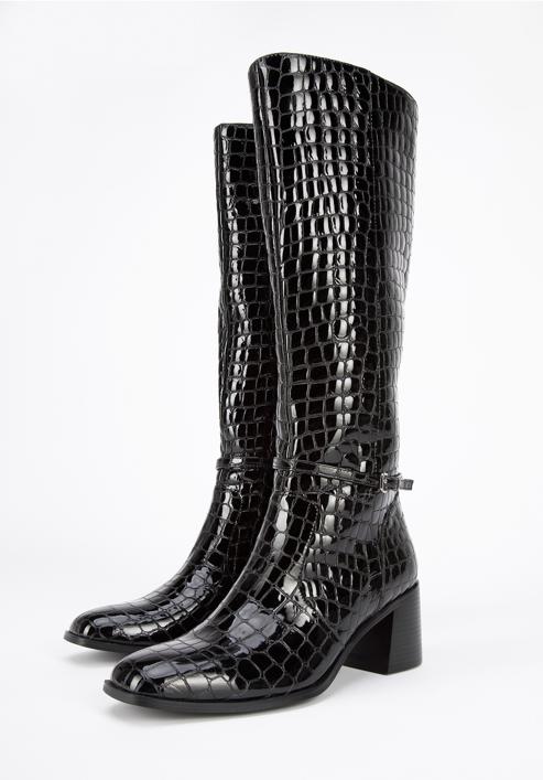 Krokodilbőr textúrájú női lakkbőr magassarkú csizma, fekete, 95-D-508-1-38, Fénykép 8
