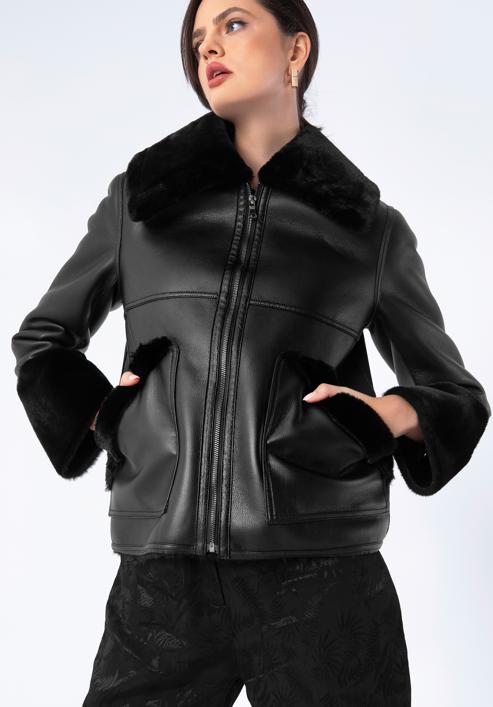 Műszőrmével bélelt női ökobőr kabát, fekete, 97-9W-001-9-L, Fénykép 1