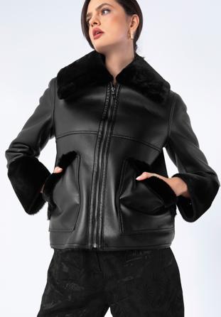 Műszőrmével bélelt női ökobőr kabát, fekete, 97-9W-001-1-XL, Fénykép 1