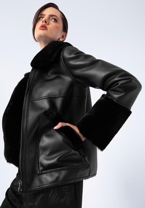 Műszőrmével bélelt női ökobőr kabát, fekete, 97-9W-001-9-XL, Fénykép 4