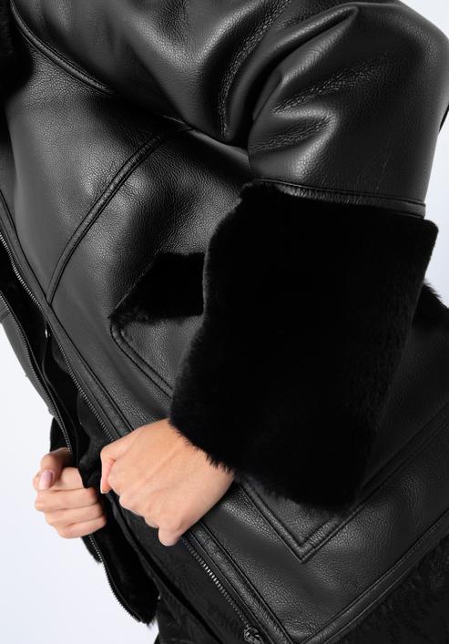 Műszőrmével bélelt női ökobőr kabát, fekete, 97-9W-001-1-L, Fénykép 7