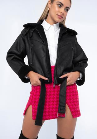 Műszőrmével bélelt női oversize kabát övvel, fekete, 97-9P-106-1-S, Fénykép 1