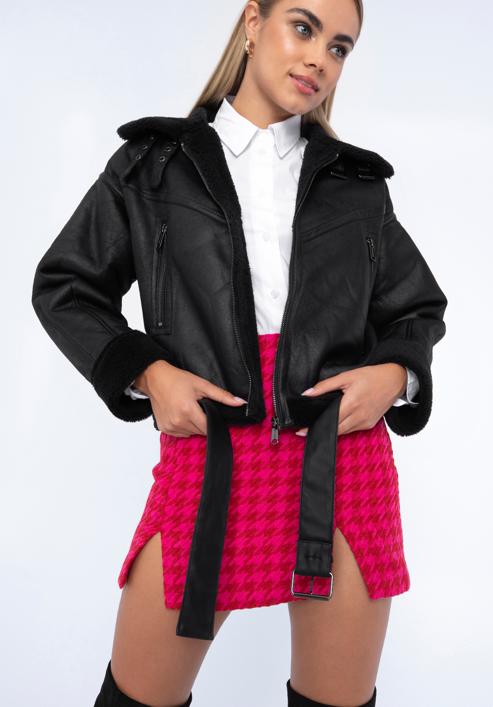 Műszőrmével bélelt női oversize kabát övvel, fekete, 97-9P-106-4-XL, Fénykép 1