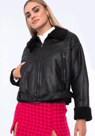 Műszőrmével bélelt női oversize kabát övvel, fekete, 97-9P-106-1-XL, Fénykép 1