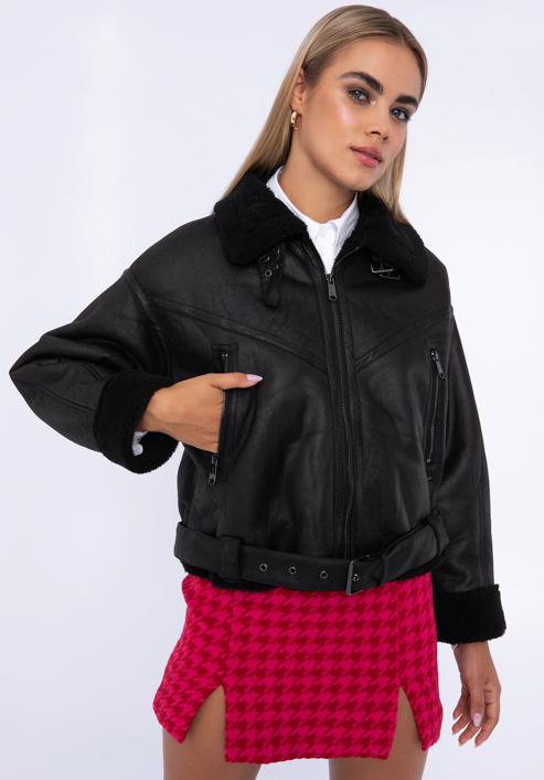 Műszőrmével bélelt női oversize kabát övvel, fekete, 97-9P-106-4-XL, Fénykép 18