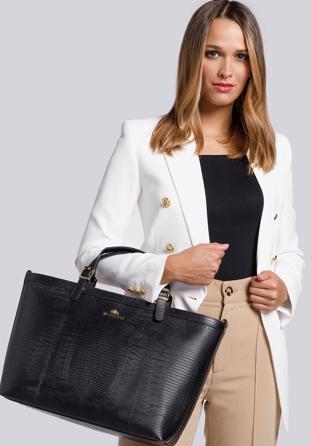 Nagyméretű női bőr táska gyíkbőr textúrával, fekete, 15-4-240-1, Fénykép 1