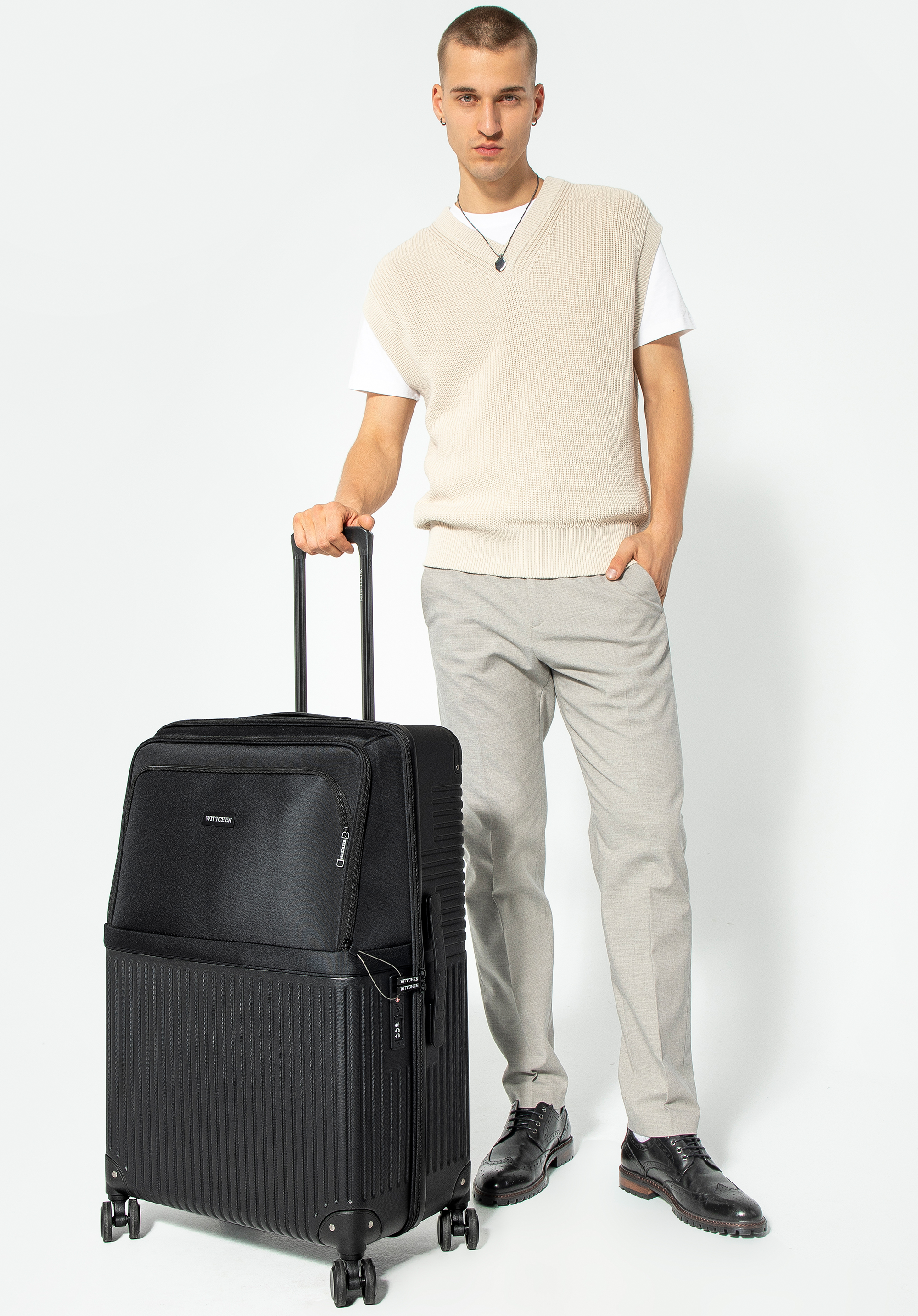 Nagyméretű bőrönd ABS-ből és nejlonból, fekete, 56-3S-883-10, Fénykép 1