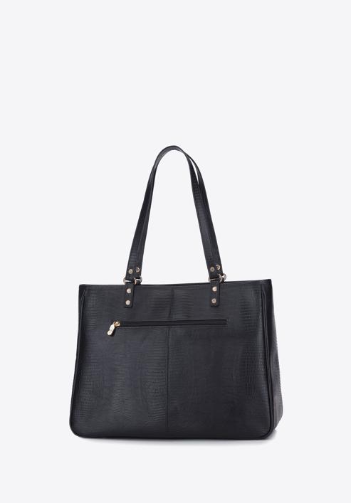Szögletes női bőr shopper táska gyíkbőr textúrával, fekete, 15-4-239-1, Fénykép 3