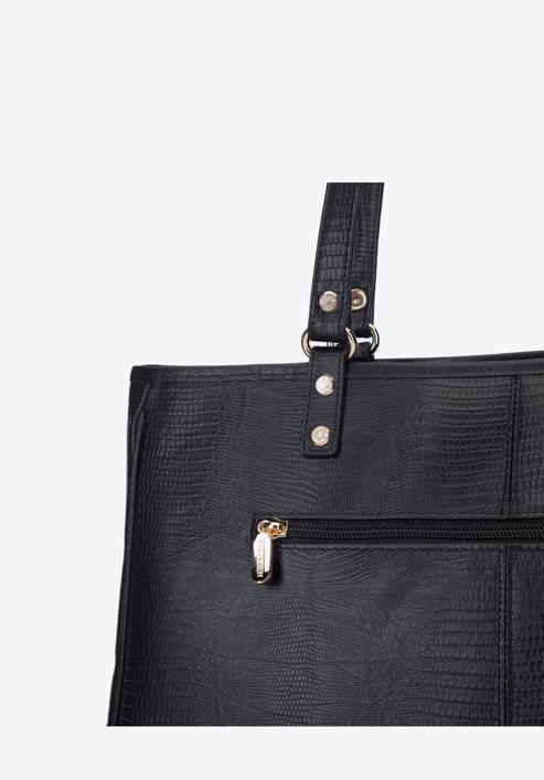 Szögletes női bőr shopper táska gyíkbőr textúrával, fekete, 15-4-239-1, Fénykép 6
