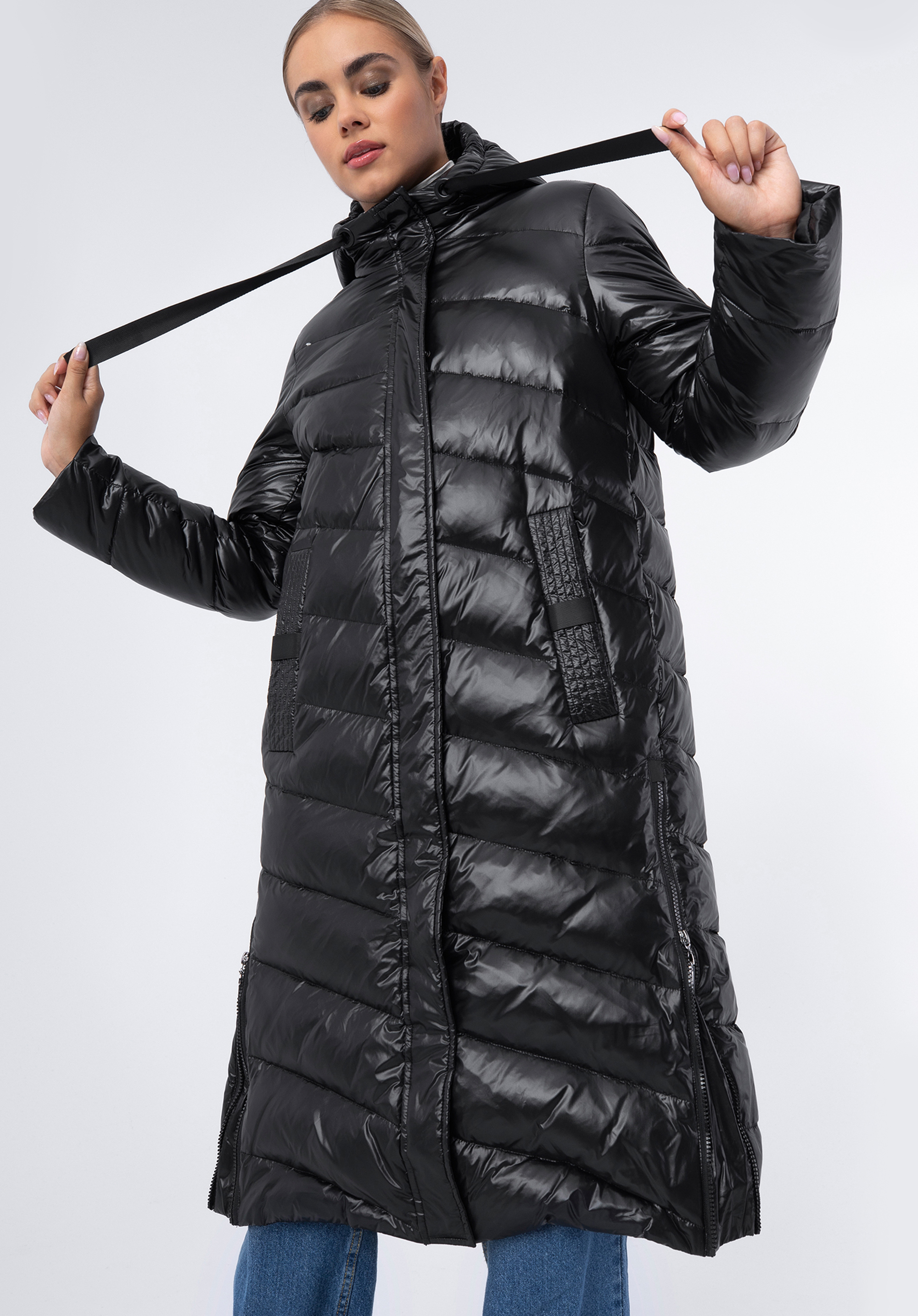 Női hosszú nylon steppelt kabát