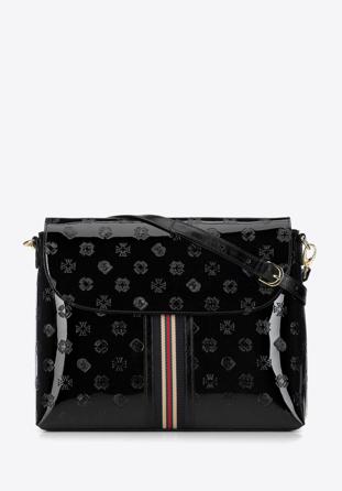 Női lakkozott bőr táska monogrammal és szalaggal, fekete, 34-4-233-1, Fénykép 1