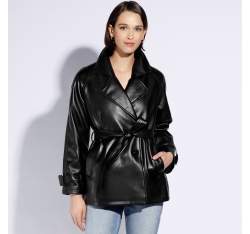 Női ökobőr bőrdzseki övvel, fekete, 96-9P-104-1-XL, Fénykép 1
