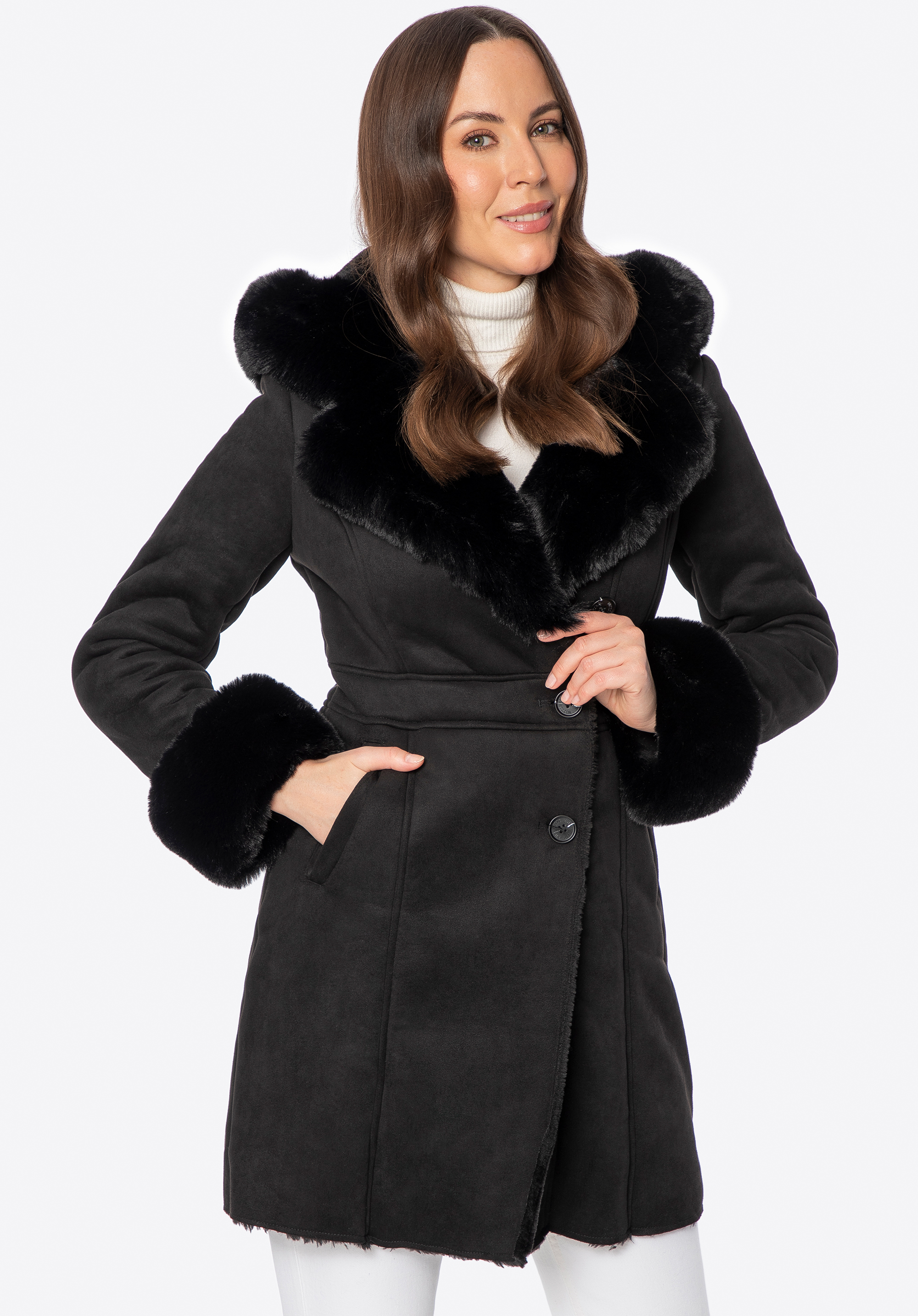 Női műszőrme kapucnis kabát, fekete, 101-9W-300-1-XL, Fénykép 1