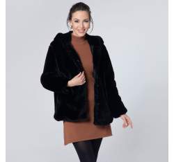 Női műszőrme oversize kabát kapucnival, fekete, 95-9W-100-1-3XL, Fénykép 1