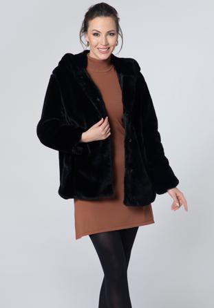 Női műszőrme oversize kabát kapucnival, fekete, 95-9W-100-1-XL, Fénykép 1