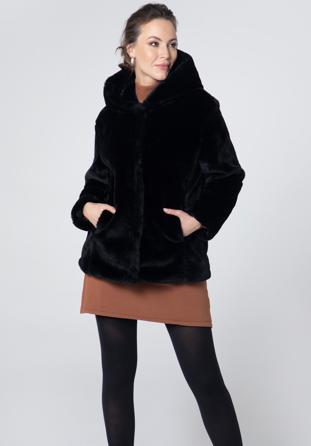 Női műszőrme oversize kabát kapucnival, fekete, 95-9W-100-1-XL, Fénykép 1