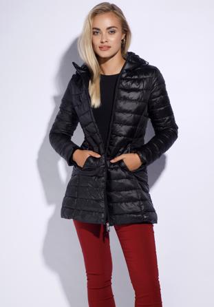 Női steppelt kapucnis hosszú kabát, fekete, 95-9N-100-1-3XL, Fénykép 1