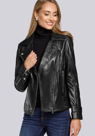 Női bőr motoros kabát foltvarróval, fekete, 93-09-607-1-XL, Fénykép 1