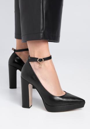Női bőr túsarkú cipő vastag sarokkal, fekete, 98-D-951-1-40, Fénykép 1