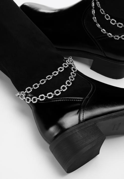 Női bőrcsizma rugalmas felsőrésszel és dekoratív láncokkal, fekete, 97-D-501-1L-36, Fénykép 6