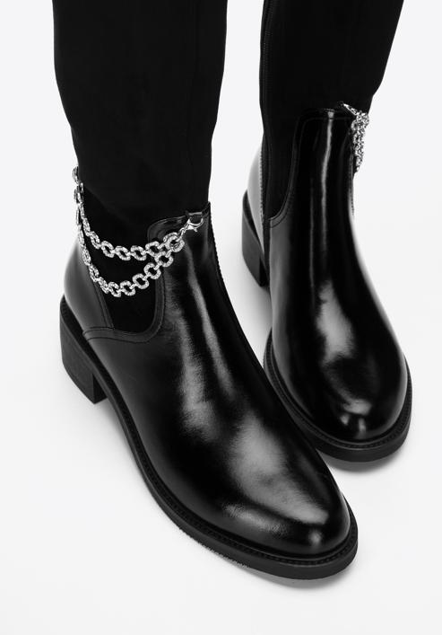 Női bőrcsizma rugalmas felsőrésszel és dekoratív láncokkal, fekete, 97-D-501-1L-35, Fénykép 7