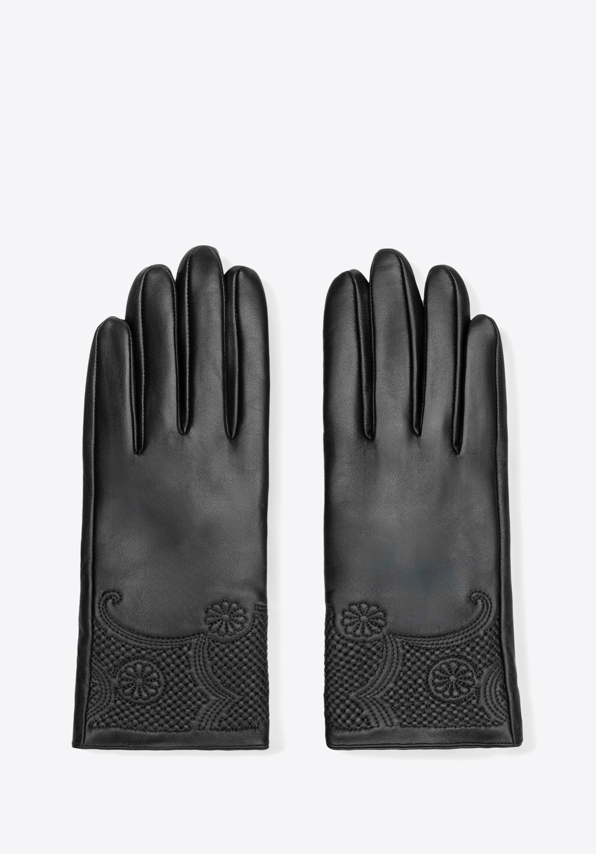 Női természetes bőr kesztyű virágmintával, fekete, 39-6A-050-1-L, Fénykép 1