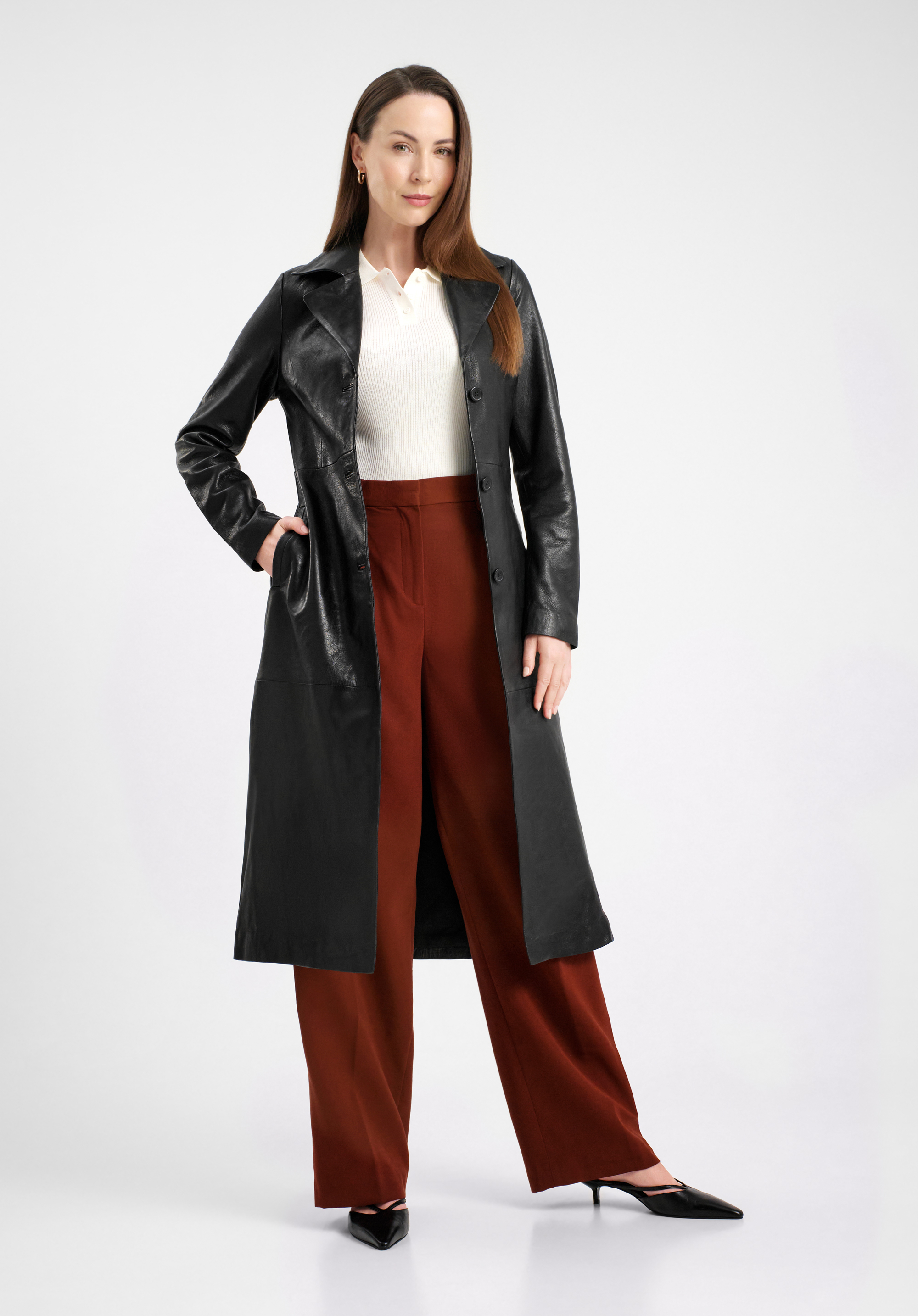 Női hosszú fazonú bőrkabát, fekete, 100-09-415-1-XL, Fénykép 1