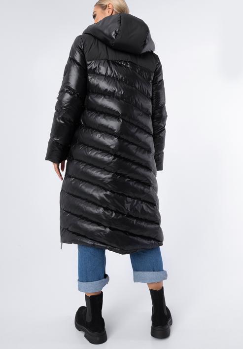 Női hosszú nylon steppelt kabát, fekete, 97-9D-406-1-S, Fénykép 4