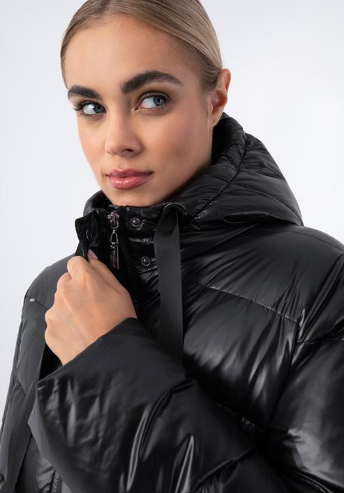 Női hosszú nylon steppelt kabát, fekete, 97-9D-406-1-S, Fénykép 6