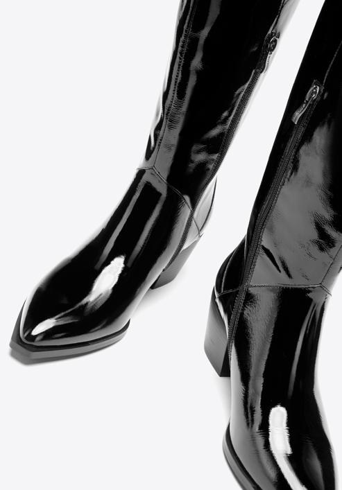 Női lakkbőrből készült térdig érő western csizma, fekete, 97-D-509-1-36, Fénykép 6
