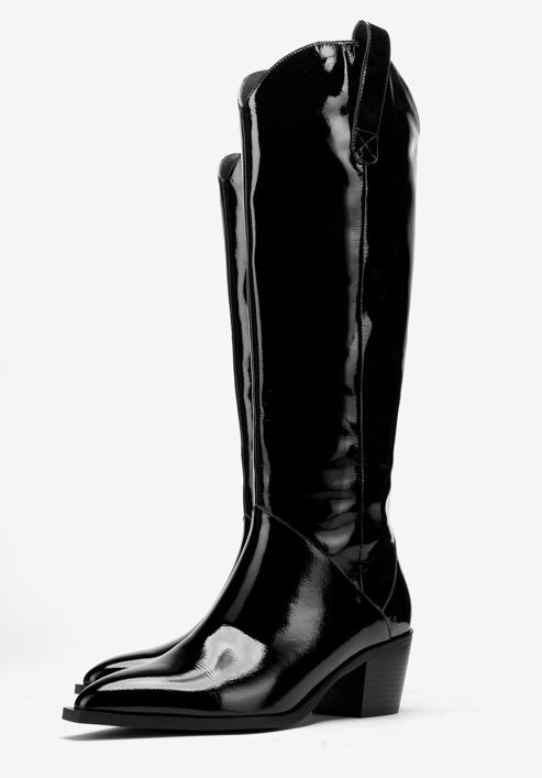 Női lakkbőrből készült térdig érő western csizma, fekete, 97-D-509-1-36, Fénykép 7