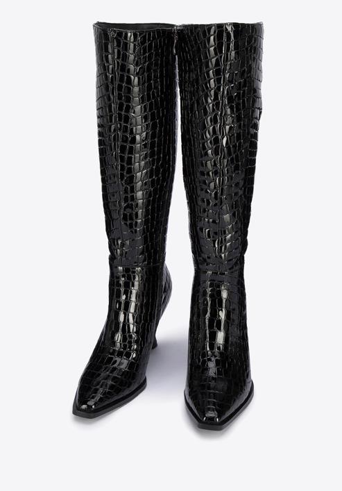 Női magassarkú bőr csizma krokodilbőr textúrával, fekete, 95-D-507-1-41, Fénykép 2