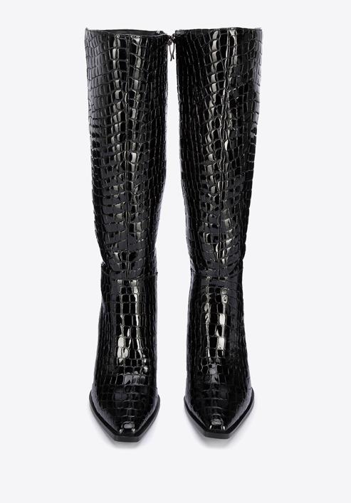 Női magassarkú bőr csizma krokodilbőr textúrával, fekete, 95-D-507-1-38, Fénykép 3