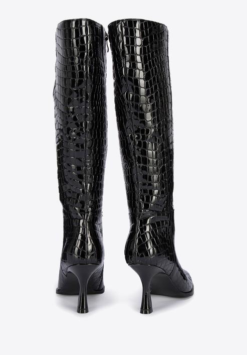 Női magassarkú bőr csizma krokodilbőr textúrával, fekete, 95-D-507-1-36, Fénykép 4