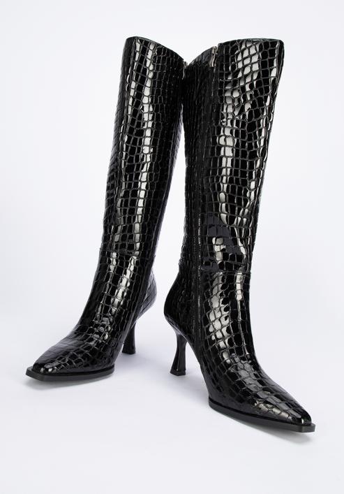 Női magassarkú bőr csizma krokodilbőr textúrával, fekete, 95-D-507-1-41, Fénykép 7