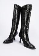 Női magassarkú bőr csizma krokodilbőr textúrával, fekete, 95-D-507-1-38, Fénykép 7