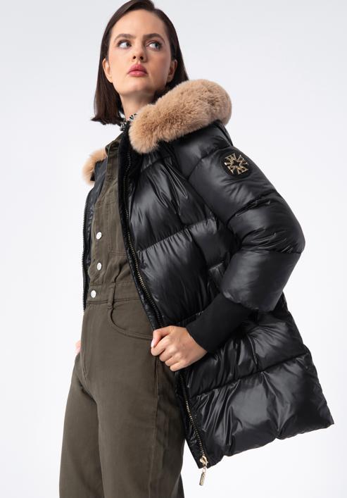 Női nejlon steppelt kabát kapucnival, fekete, 97-9D-404-N-L, Fénykép 1