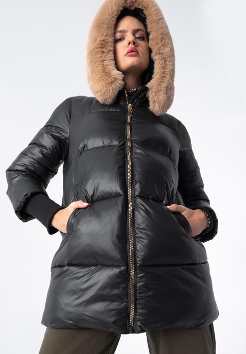 Női nejlon steppelt kabát kapucnival, fekete, 97-9D-404-N-L, Fénykép 2