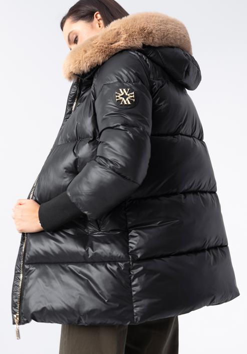 Női nejlon steppelt kabát kapucnival, fekete, 97-9D-404-N-L, Fénykép 4