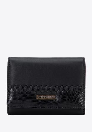 Női ökobőr pénztárca díszes betéttel és  bőrszíjjal, fekete, 95-1Y-525-1, Fénykép 1