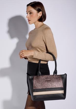 Női ökobőr shopper táska fémes fényű, csíkos előoldallal, fekete, 95-4Y-402-44, Fénykép 1