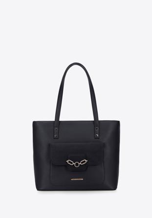 Női ökobőr shopper táska kétféle textúrával és díszes külső zsebbel, fekete, 95-4Y-413-1, Fénykép 1