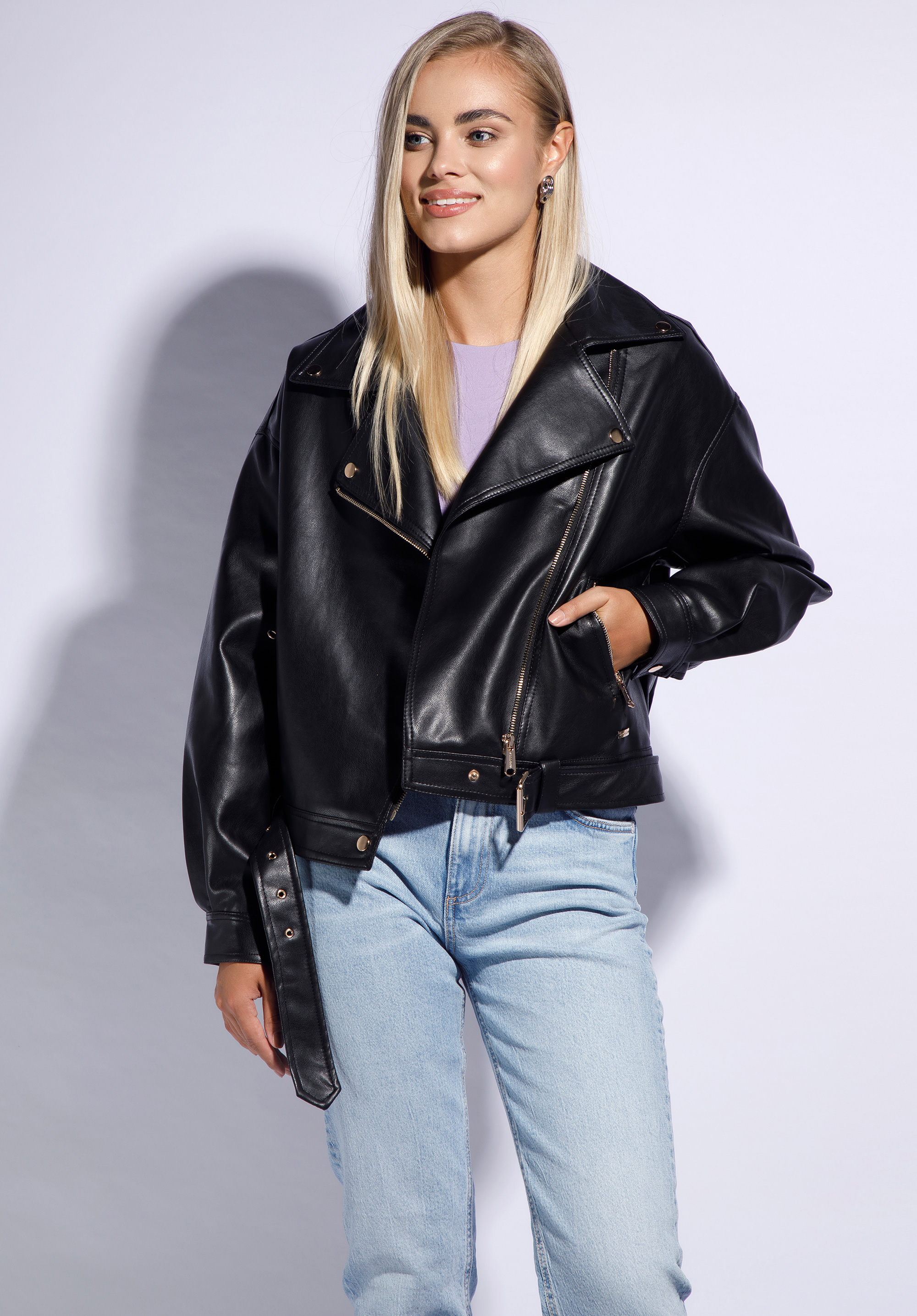 Női oversize ökobőr dzseki, fekete, 95-9P-102-1G-M, Fénykép 1