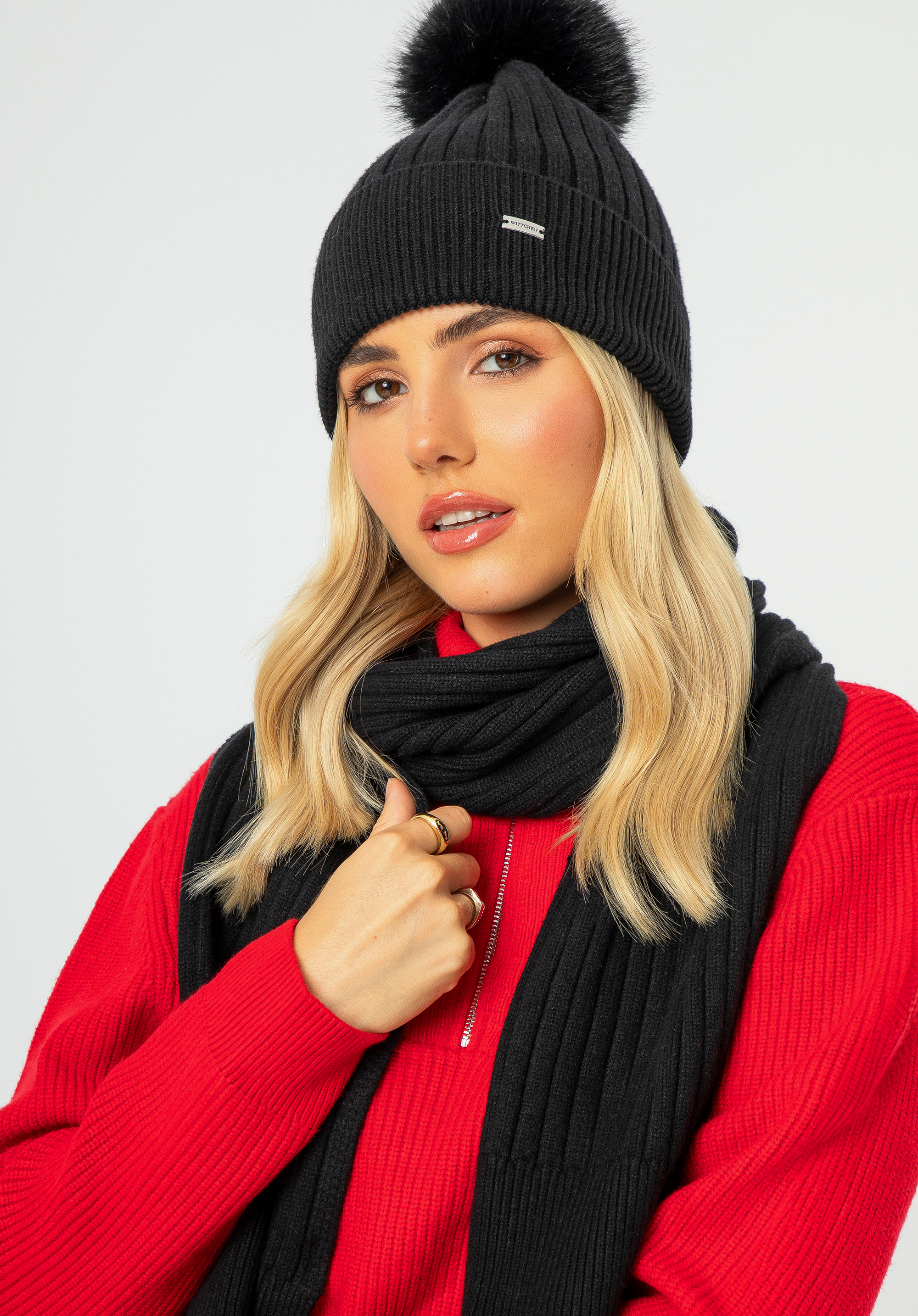 Női sál vízszintes csíkokkal, fekete, 99-7F-030-1, Fénykép 1