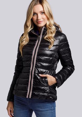 Női steppelt kabát csíkos szalaggal, fekete, 93-9N-101-1-XL, Fénykép 1