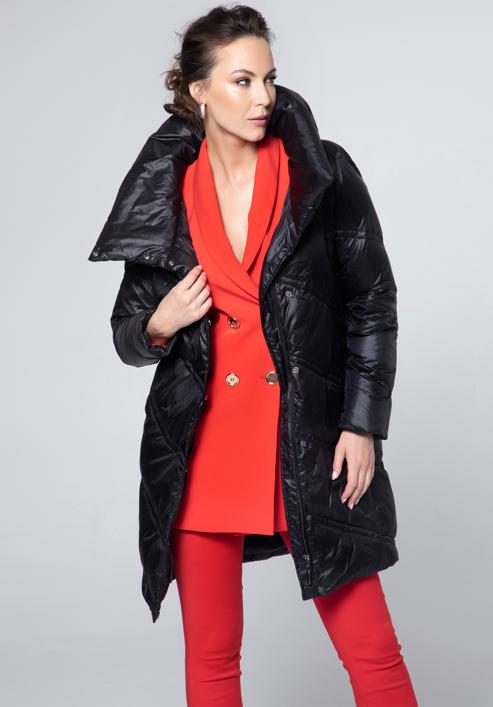 Női steppelt kabát magas gallérral, fekete, 95-9D-402-3-2XL, Fénykép 2