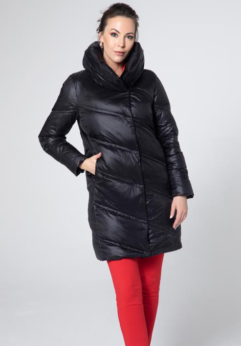 Női steppelt kabát magas gallérral, fekete, 95-9D-402-3-XL, Fénykép 3