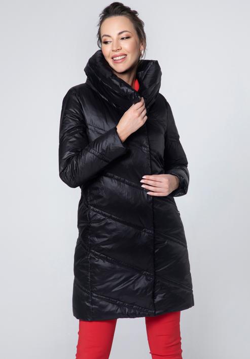 Női steppelt kabát magas gallérral, fekete, 95-9D-402-1-XS, Fénykép 6